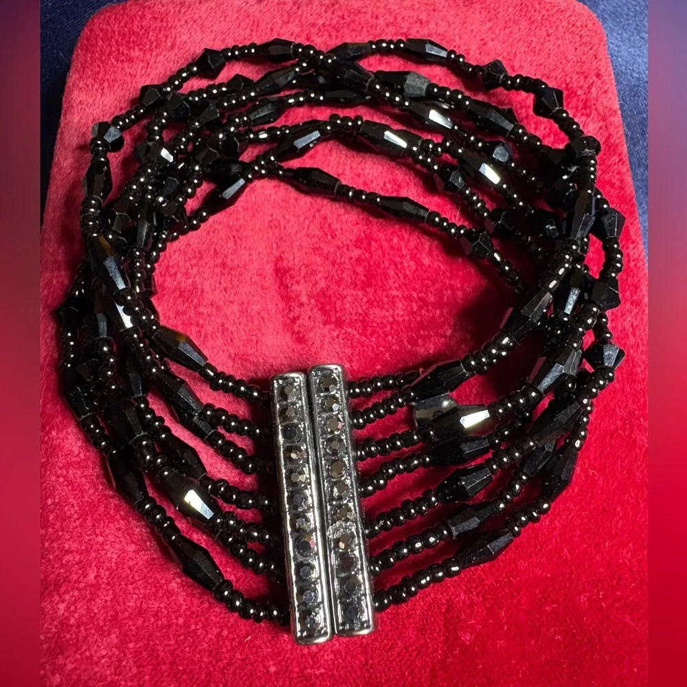 Bracelet Multi-strand Faceted Glass Bead Gun Metal Black Stretch